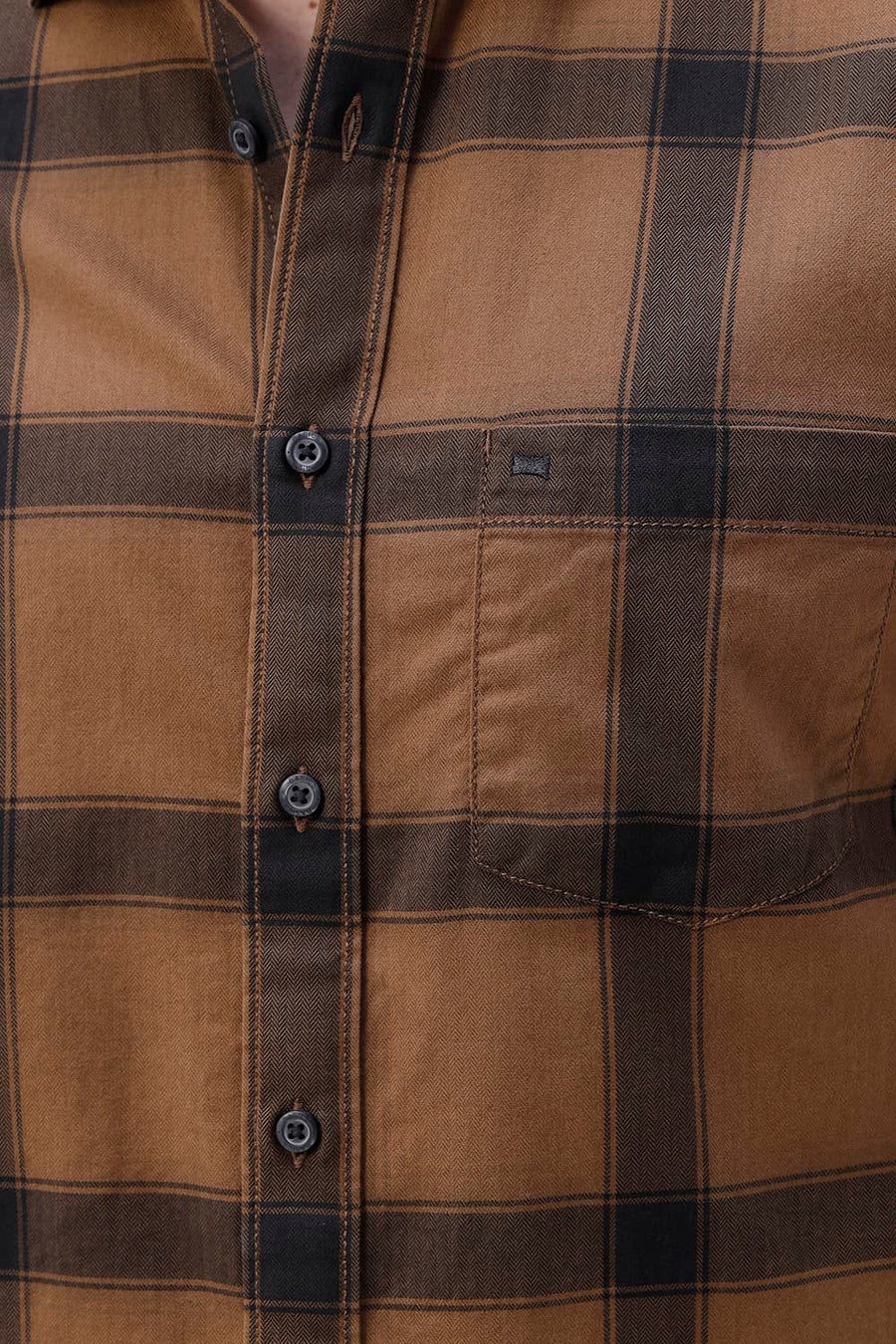 BASICS SLIM FIT TAN COTTON HERRING BONE CHECKS SHIRT