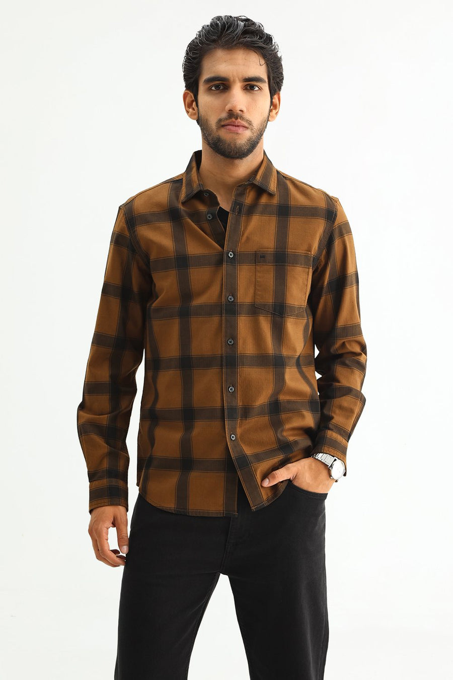 BASICS SLIM FIT TAN COTTON HERRING BONE CHECKS SHIRT