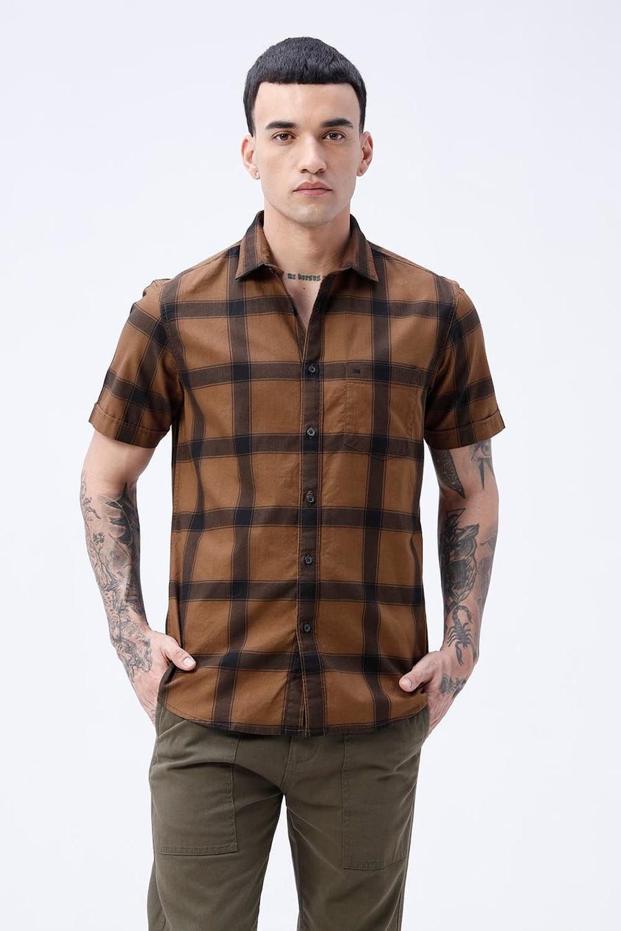 BASICS SLIM FIT TAN COTTON HERRING BONE CHECKS HALFSLEEVES SHIRT
