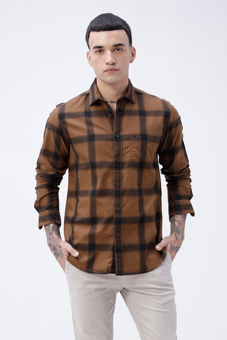 BASICS SLIM FIT TAN COTTON HERRING BONE CHECKS SHIRT
