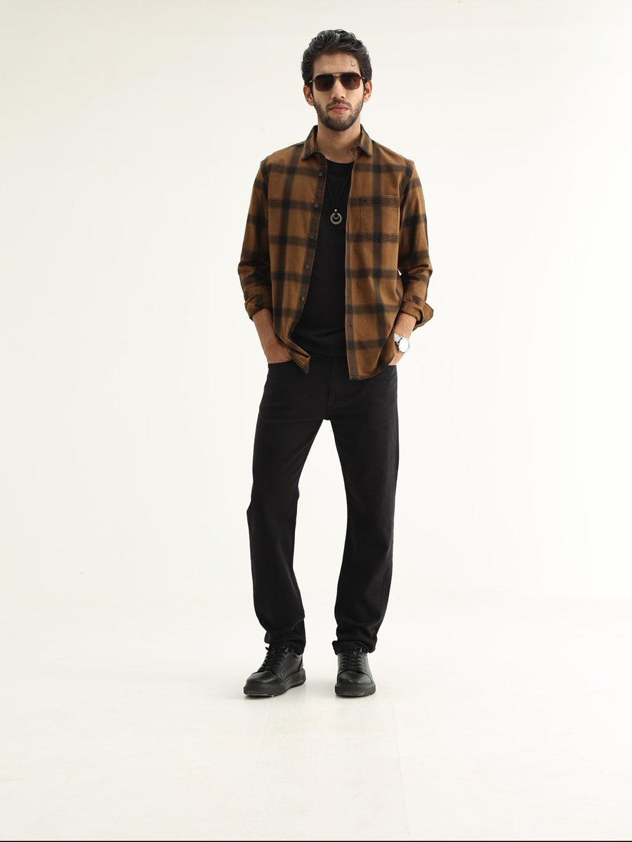 BASICS SLIM FIT TAN COTTON HERRING BONE CHECKS SHIRT