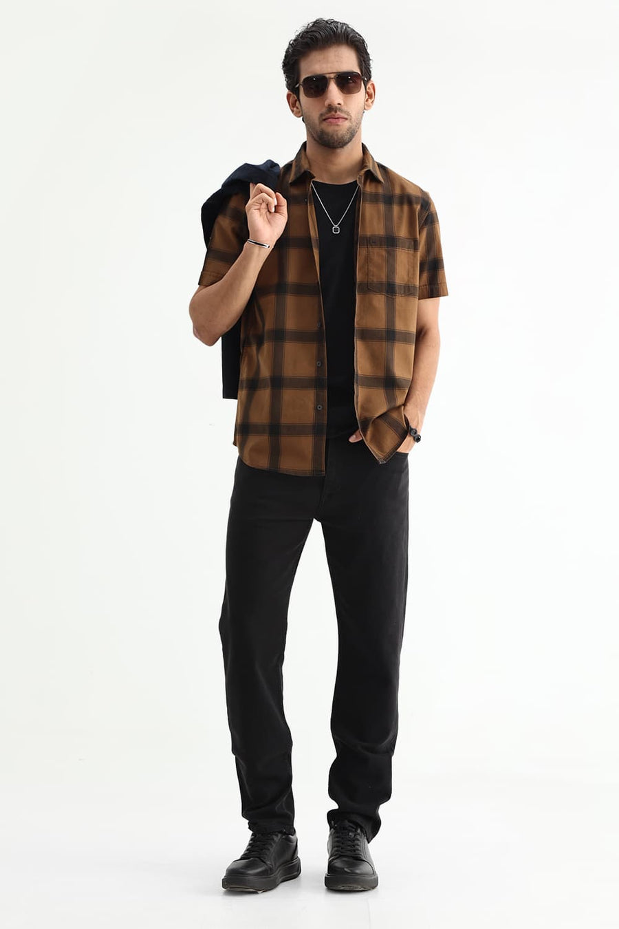 BASICS SLIM FIT TAN COTTON HERRING BONE CHECKS HALFSLEEVES SHIRT