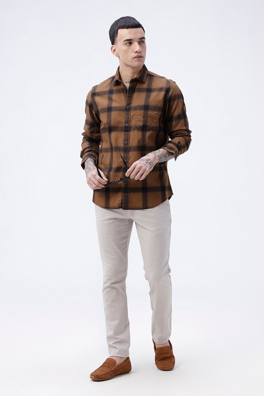 BASICS SLIM FIT TAN COTTON HERRING BONE CHECKS SHIRT