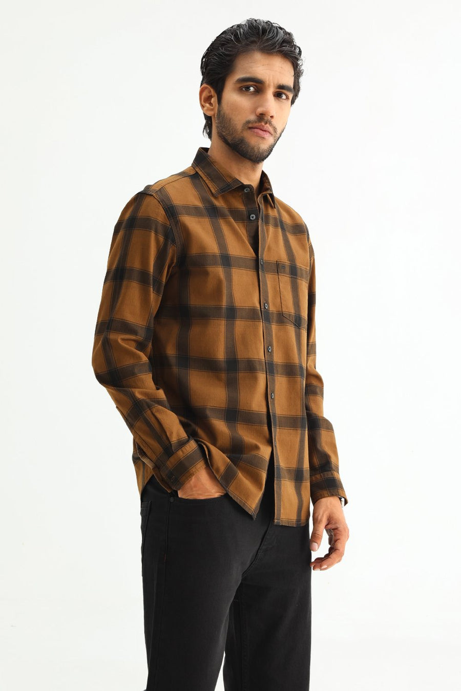 BASICS SLIM FIT TAN COTTON HERRING BONE CHECKS SHIRT