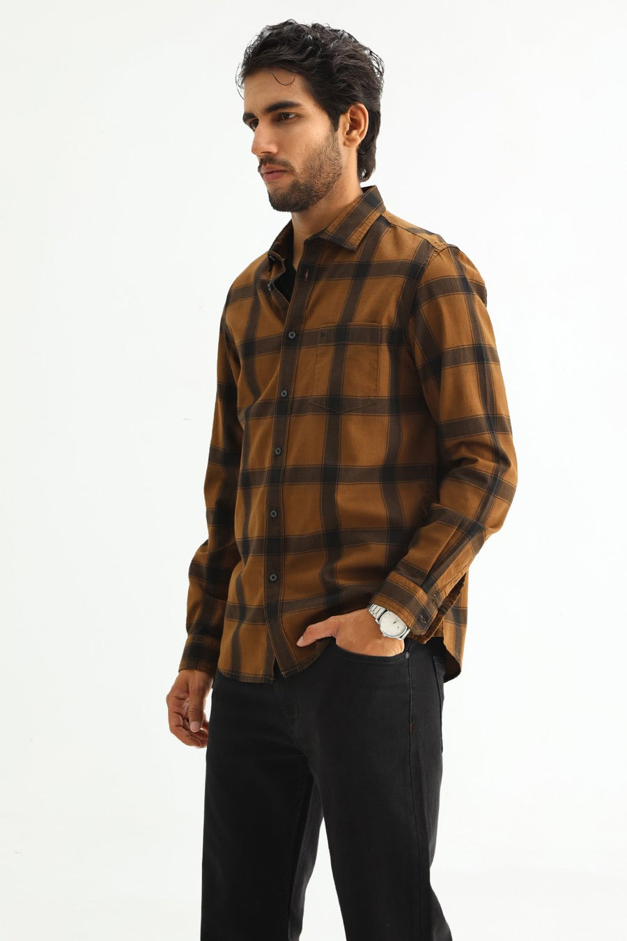 BASICS SLIM FIT TAN COTTON HERRING BONE CHECKS SHIRT
