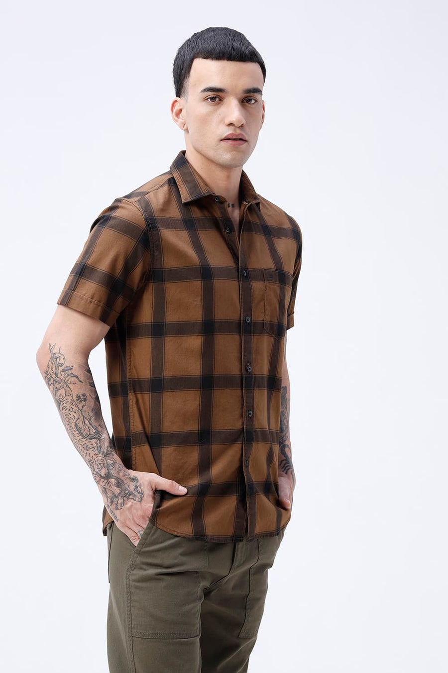 BASICS SLIM FIT TAN COTTON HERRING BONE CHECKS HALFSLEEVES SHIRT