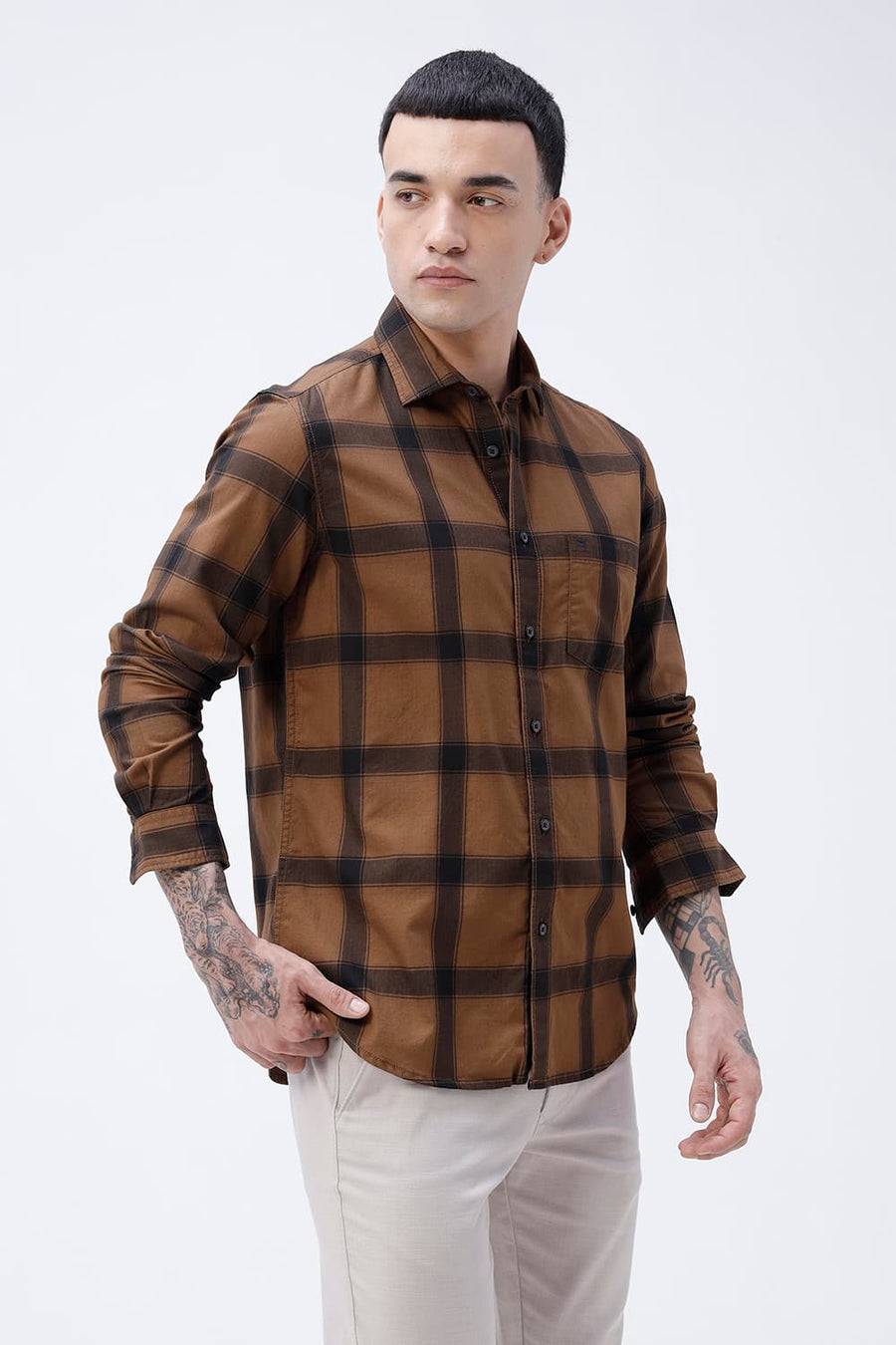 BASICS SLIM FIT TAN COTTON HERRING BONE CHECKS SHIRT