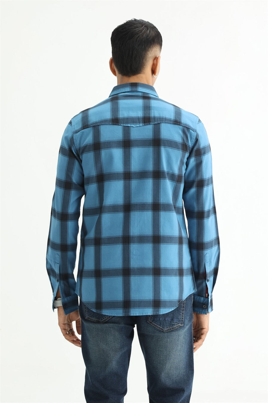 BASICS SLIM FIT TAN COTTON HERRING BONE CHECKS SHIRT