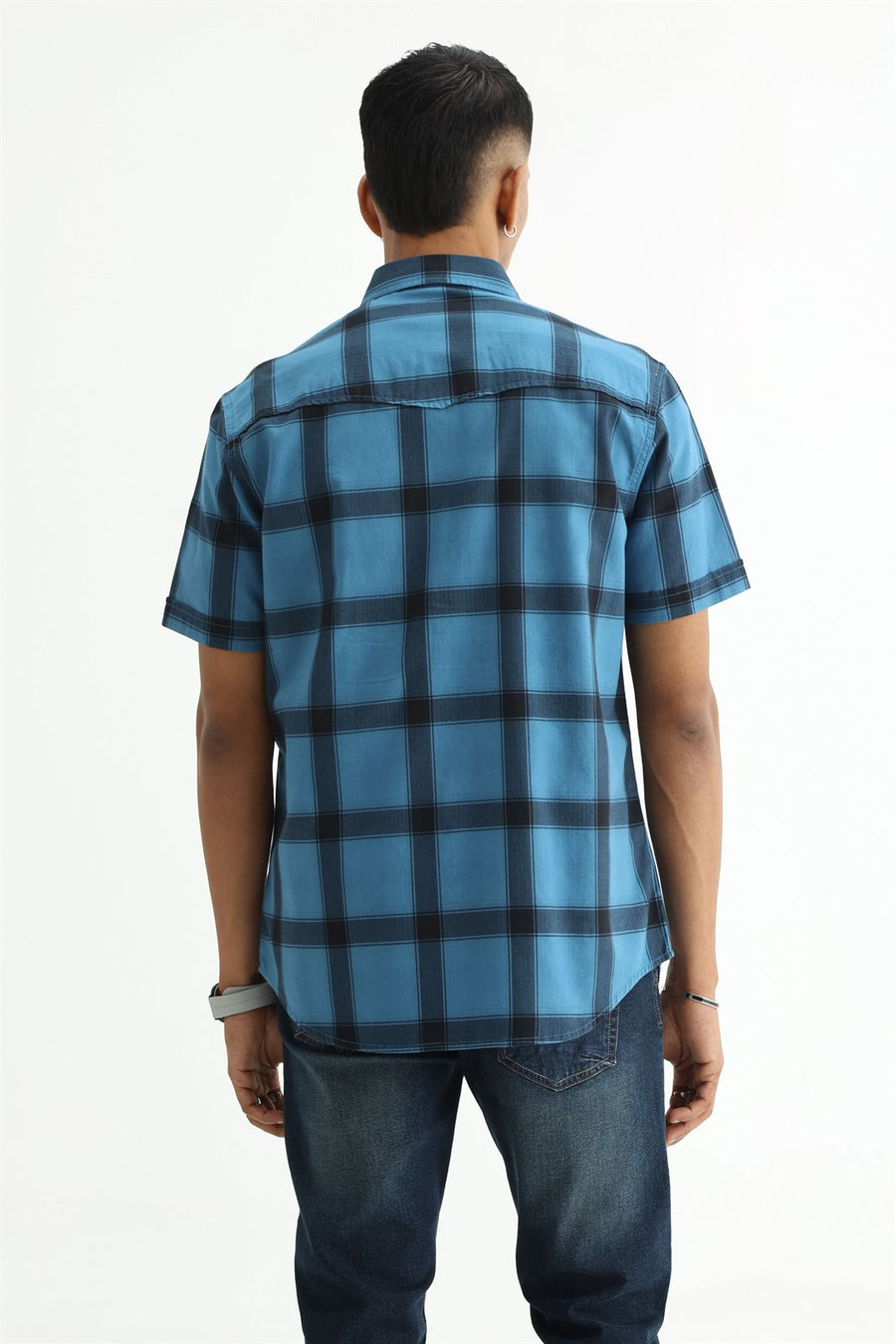BASICS SLIM FIT TAN COTTON HERRING BONE CHECKS HALFSLEEVES SHIRT