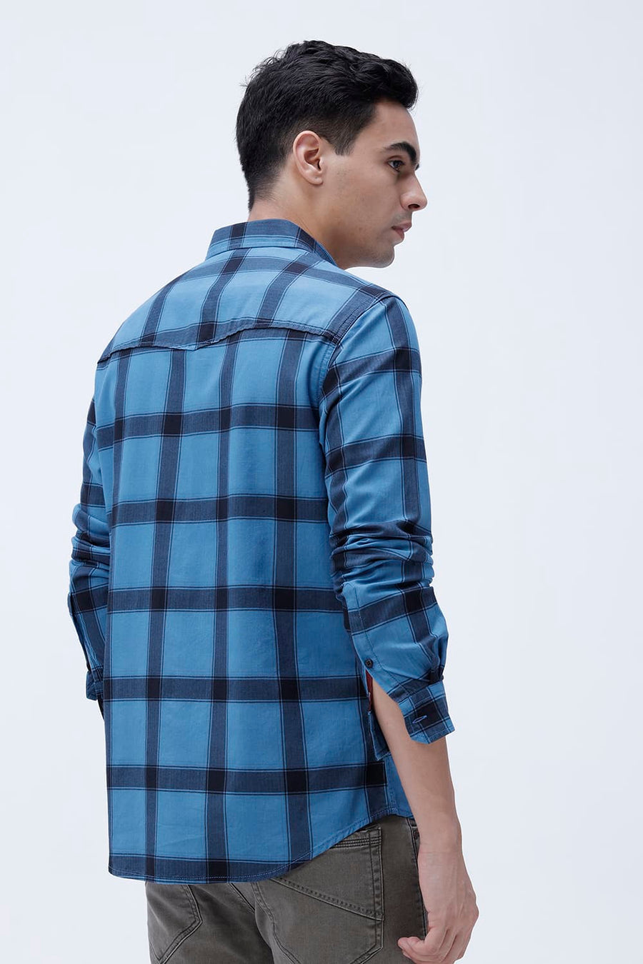 BASICS SLIM FIT TAN COTTON HERRING BONE CHECKS SHIRT