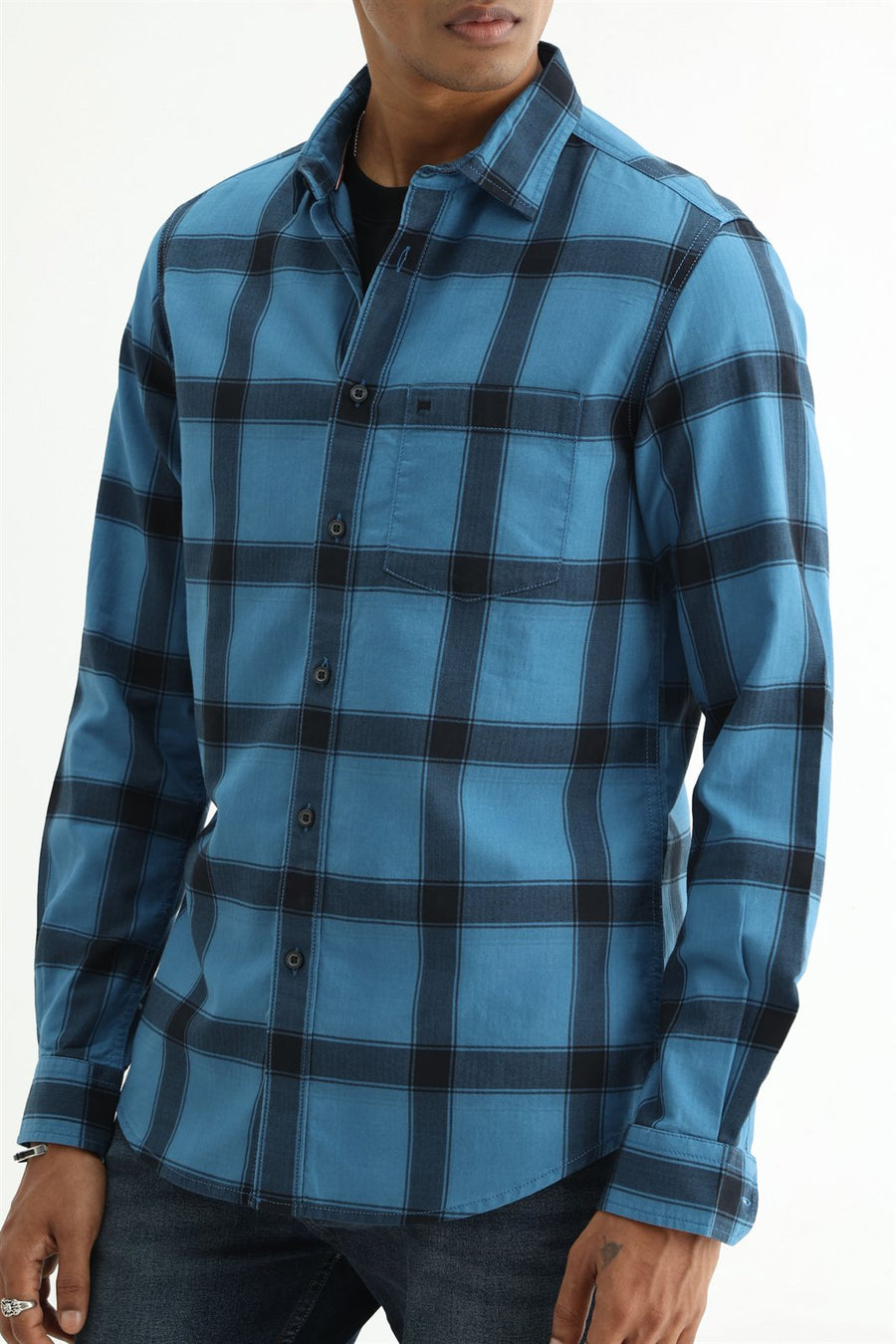 BASICS SLIM FIT TAN COTTON HERRING BONE CHECKS SHIRT