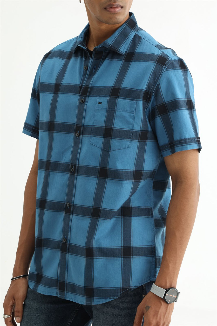 BASICS SLIM FIT TAN COTTON HERRING BONE CHECKS HALFSLEEVES SHIRT