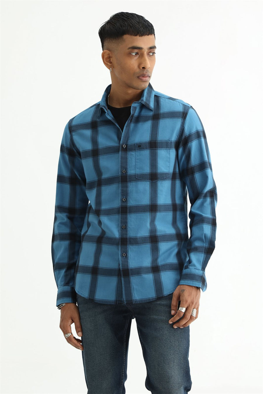 BASICS SLIM FIT TAN COTTON HERRING BONE CHECKS SHIRT
