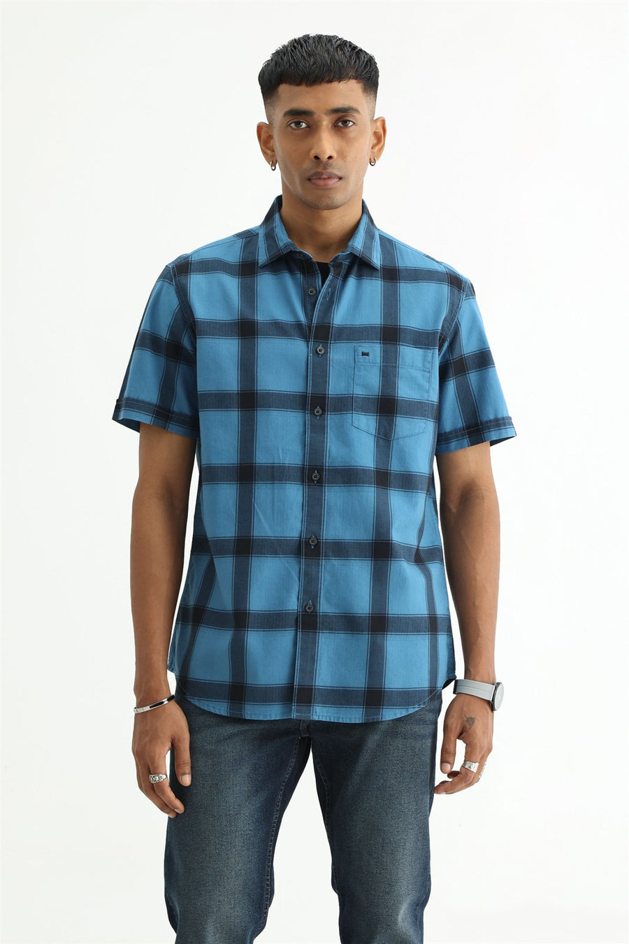 BASICS SLIM FIT TAN COTTON HERRING BONE CHECKS HALFSLEEVES SHIRT
