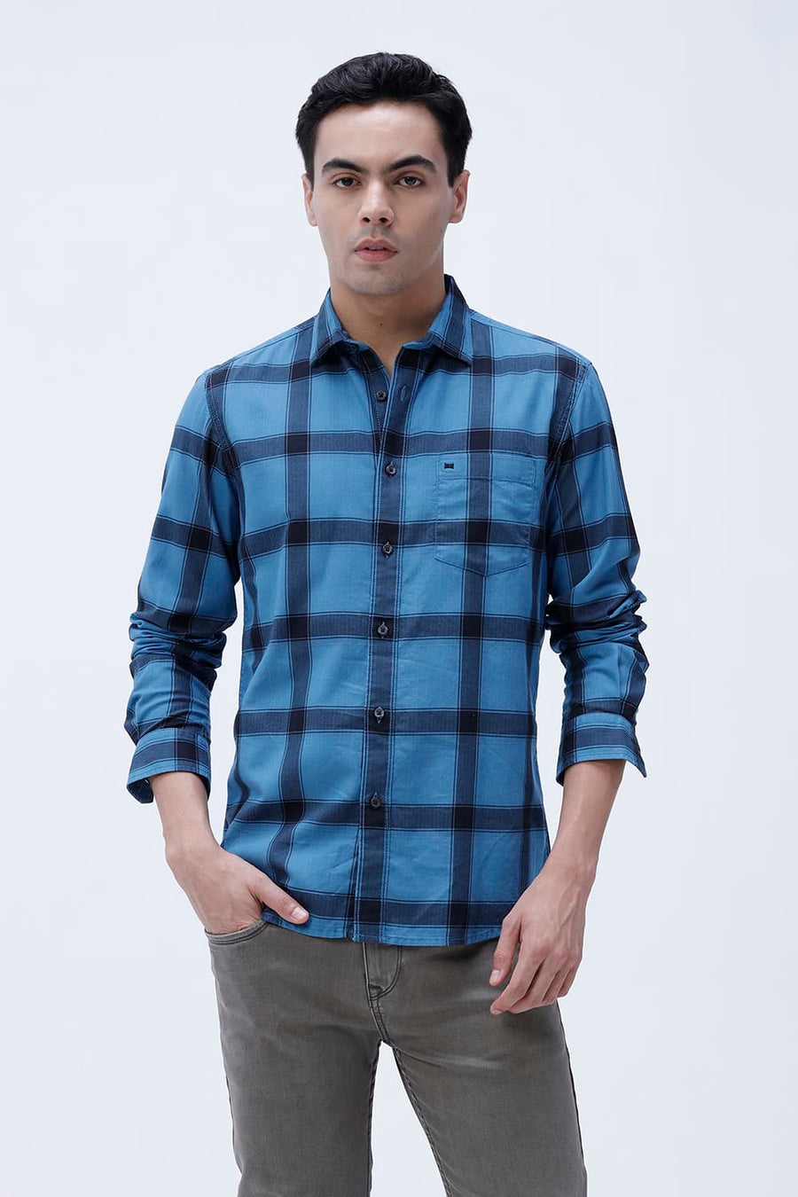BASICS SLIM FIT TAN COTTON HERRING BONE CHECKS SHIRT