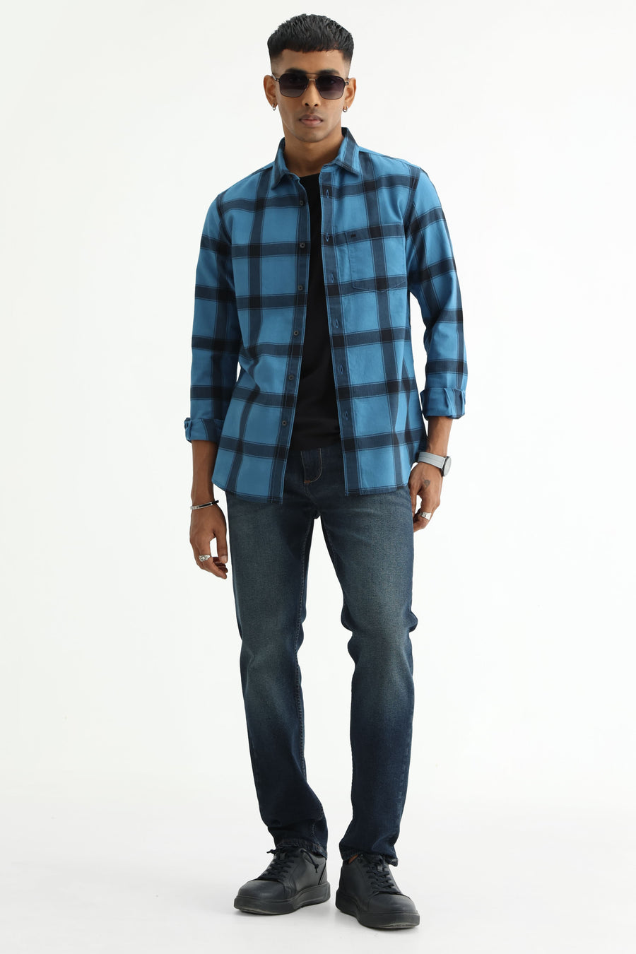 BASICS SLIM FIT TAN COTTON HERRING BONE CHECKS SHIRT