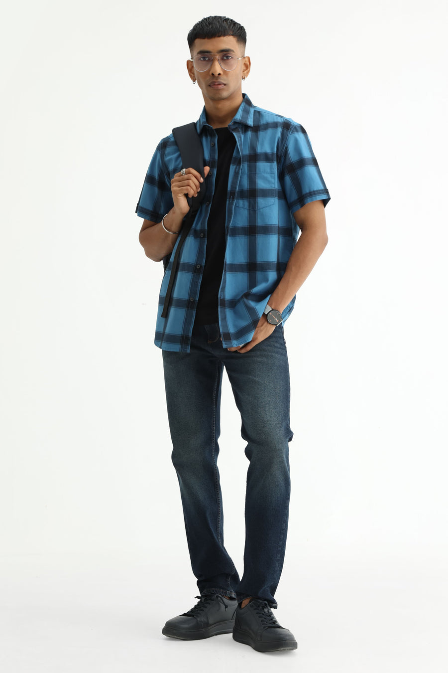 BASICS SLIM FIT TAN COTTON HERRING BONE CHECKS HALFSLEEVES SHIRT