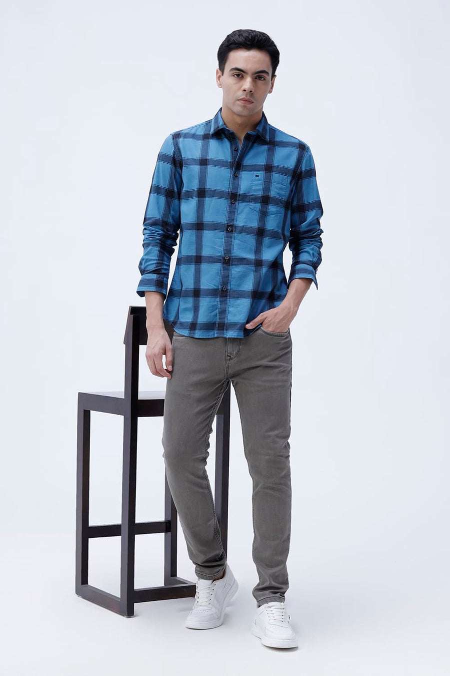 BASICS SLIM FIT TAN COTTON HERRING BONE CHECKS SHIRT