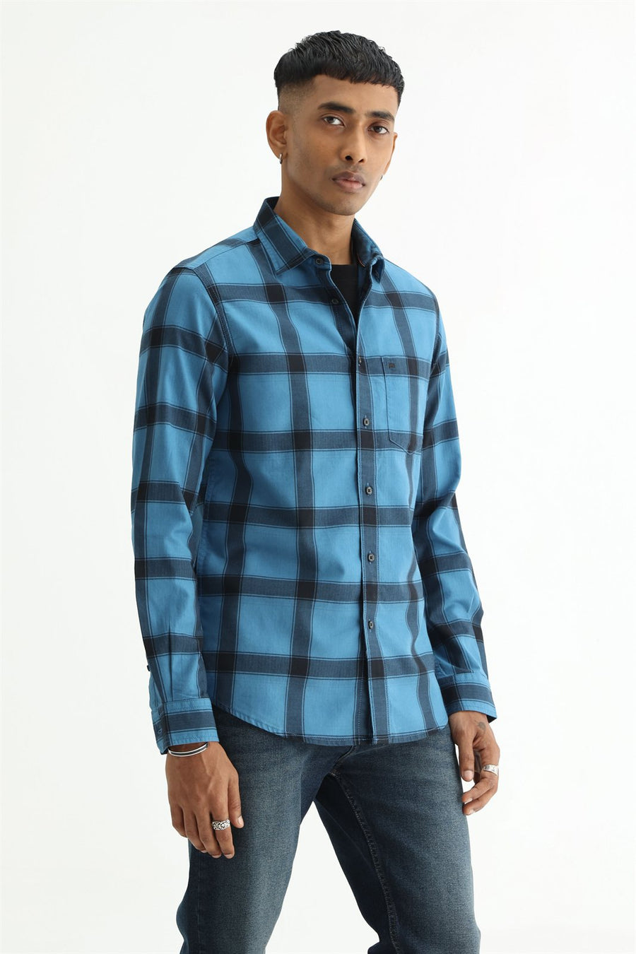 BASICS SLIM FIT TAN COTTON HERRING BONE CHECKS SHIRT
