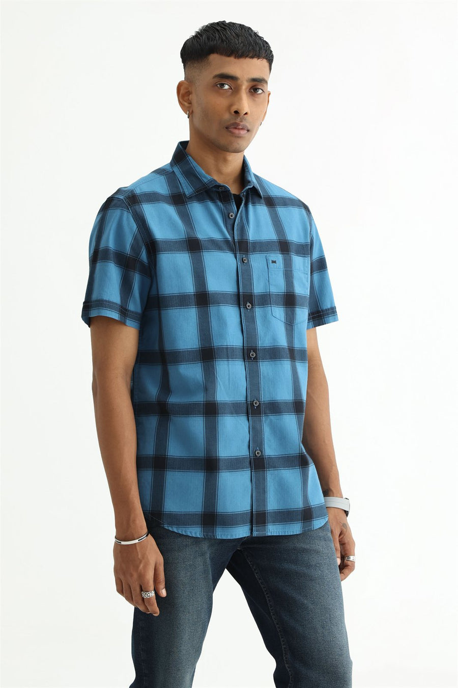 BASICS SLIM FIT TAN COTTON HERRING BONE CHECKS HALFSLEEVES SHIRT