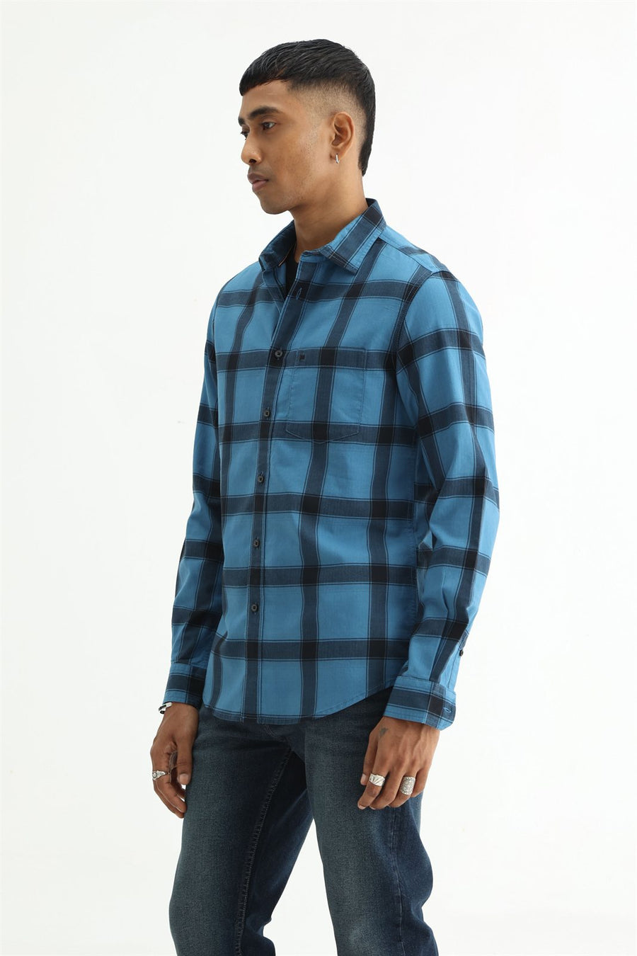 BASICS SLIM FIT TAN COTTON HERRING BONE CHECKS SHIRT