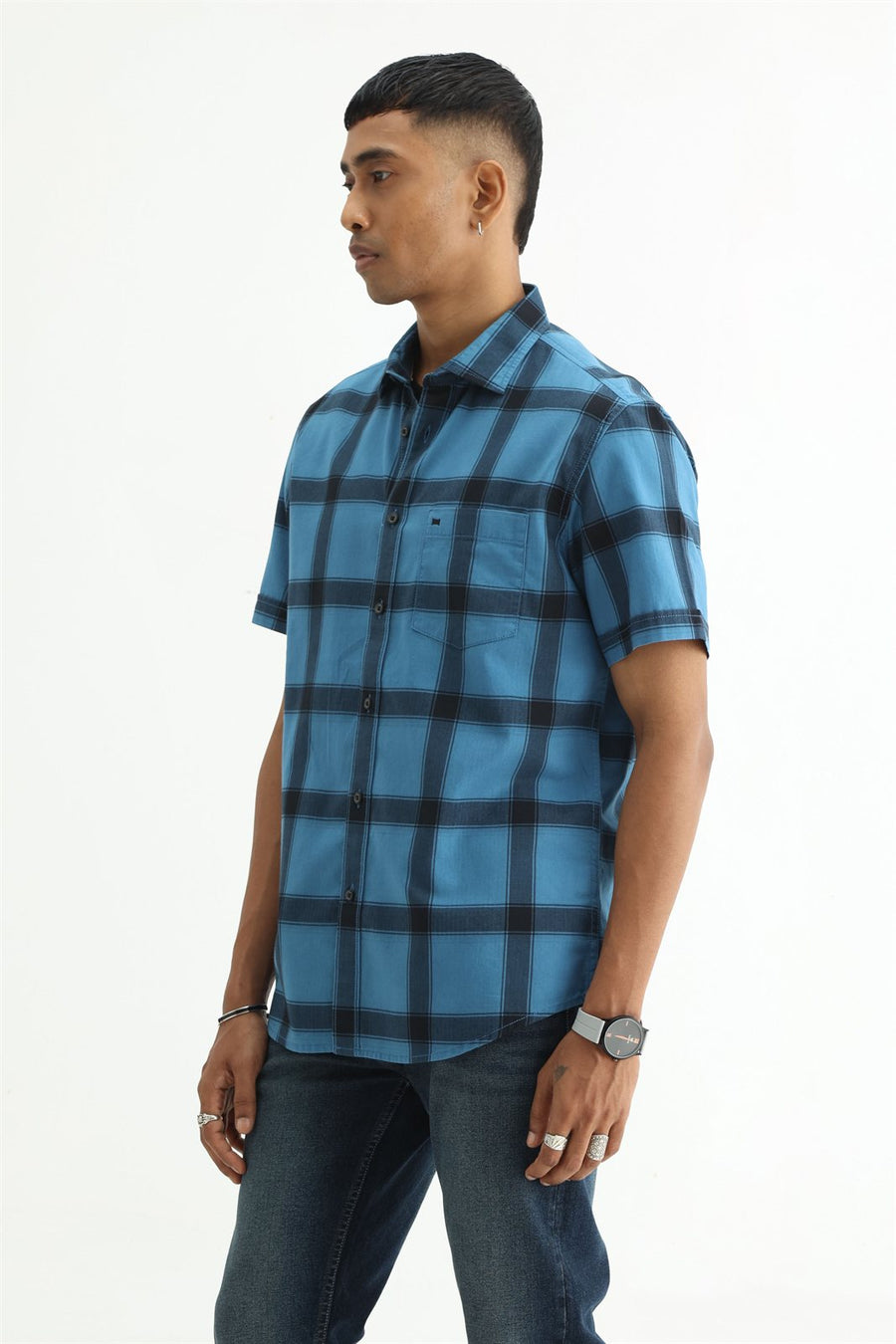 BASICS SLIM FIT TAN COTTON HERRING BONE CHECKS HALFSLEEVES SHIRT