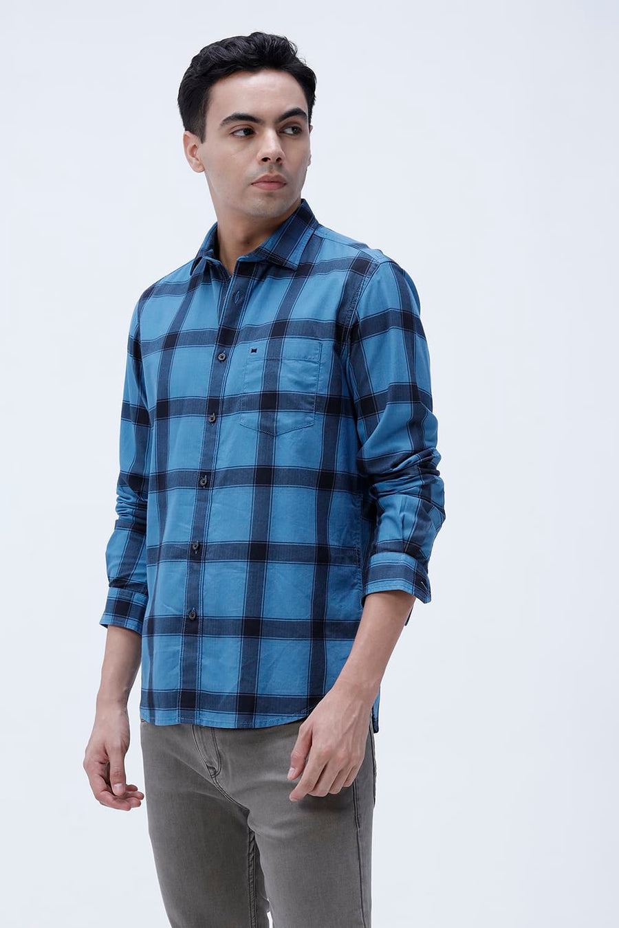 BASICS SLIM FIT TAN COTTON HERRING BONE CHECKS SHIRT