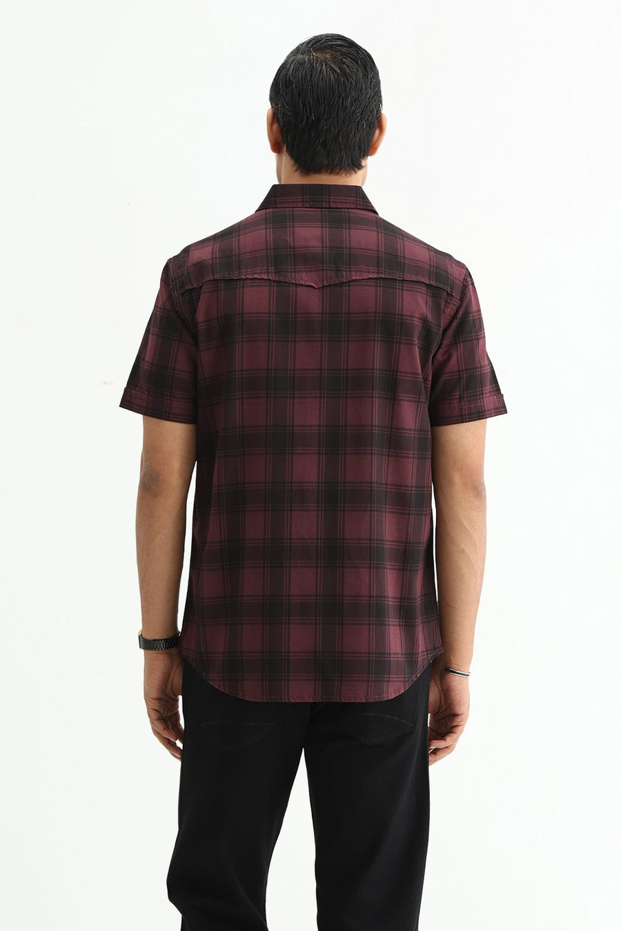BASICS SLIM FIT BLACK COTTON HERRING BONE CHECKS SHIRT
