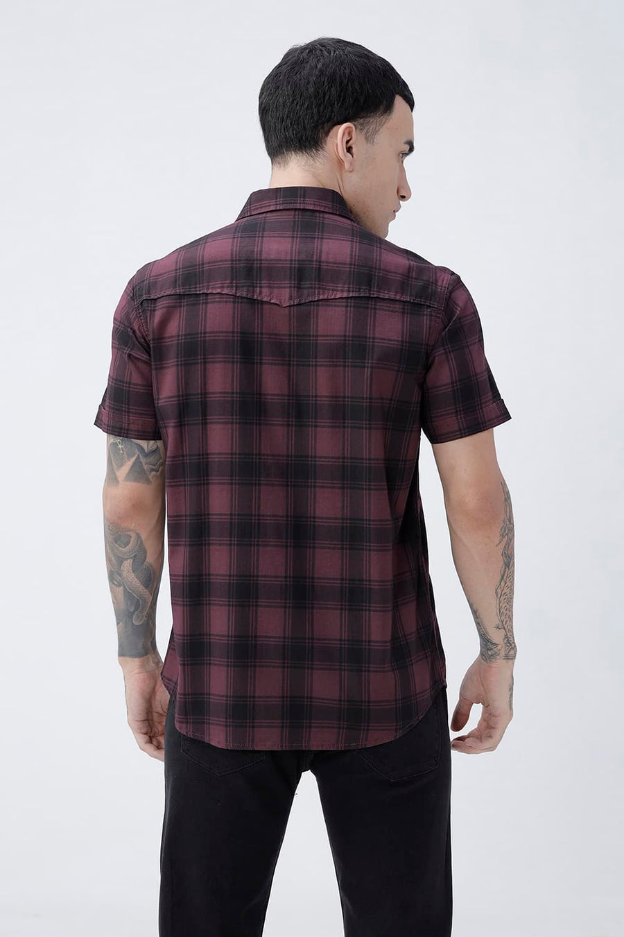 BASICS SLIM FIT BLACK COTTON HERRING BONE CHECKS HALFSLEEVES SHIRT