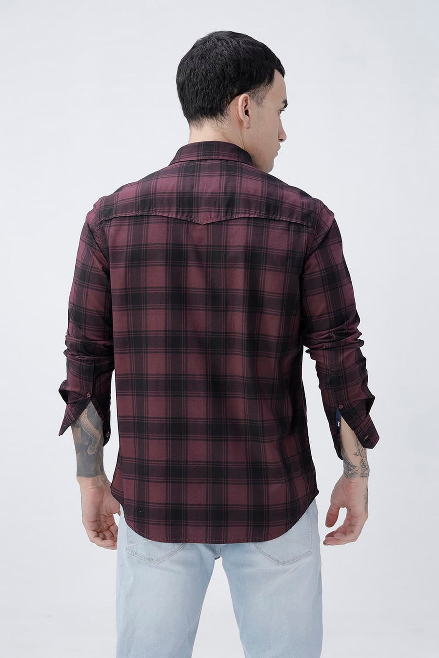BASICS SLIM FIT BLACK COTTON HERRING BONE CHECKS SHIRT