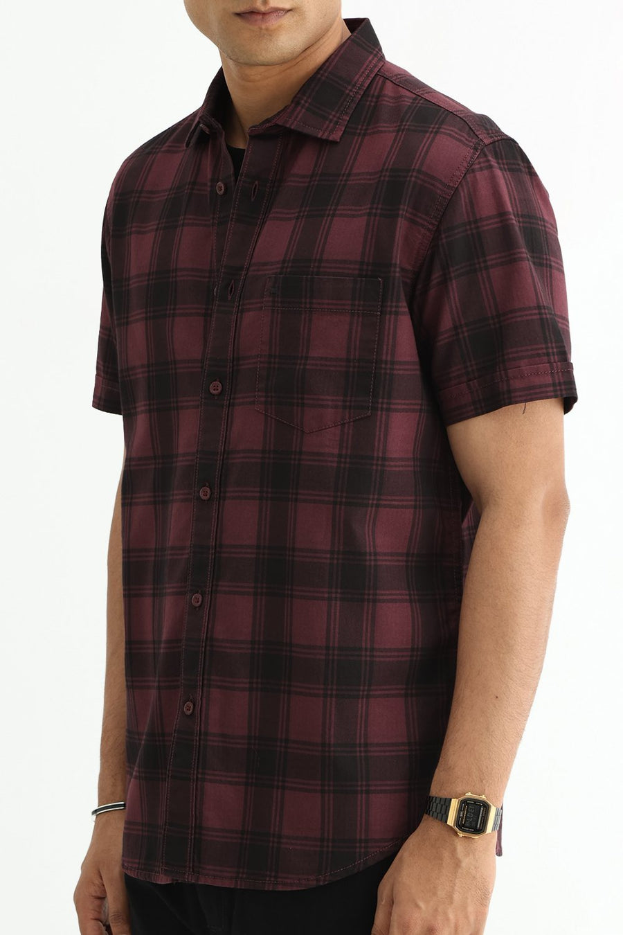 BASICS SLIM FIT BLACK COTTON HERRING BONE CHECKS SHIRT