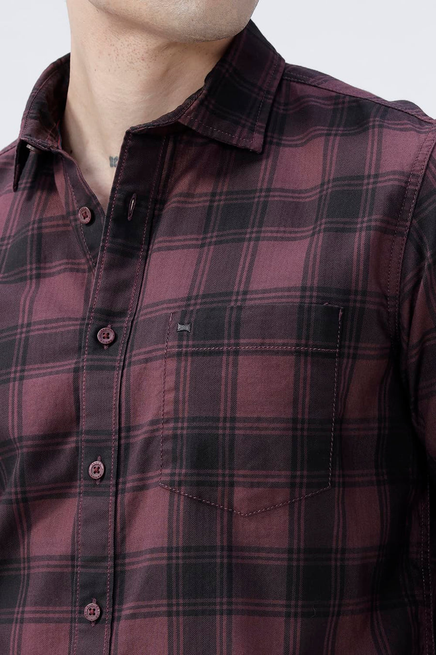 BASICS SLIM FIT BLACK COTTON HERRING BONE CHECKS SHIRT