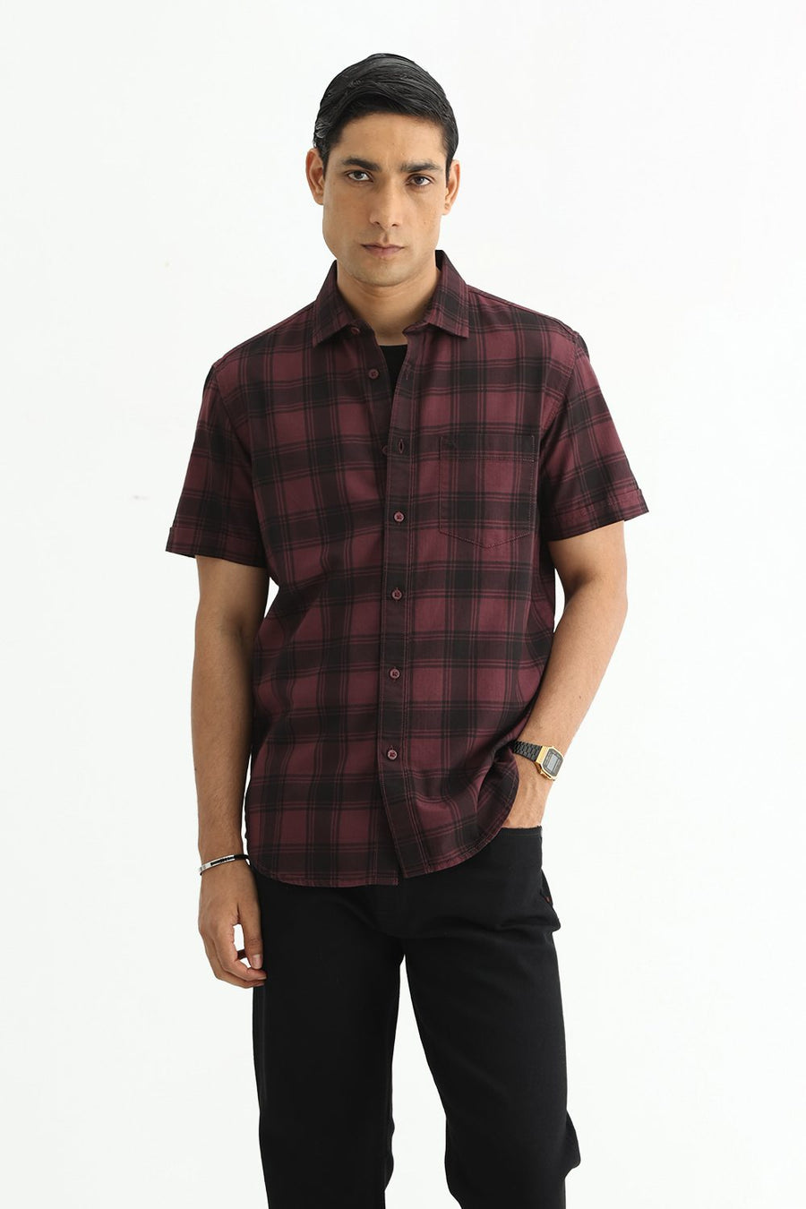 BASICS SLIM FIT BLACK COTTON HERRING BONE CHECKS SHIRT