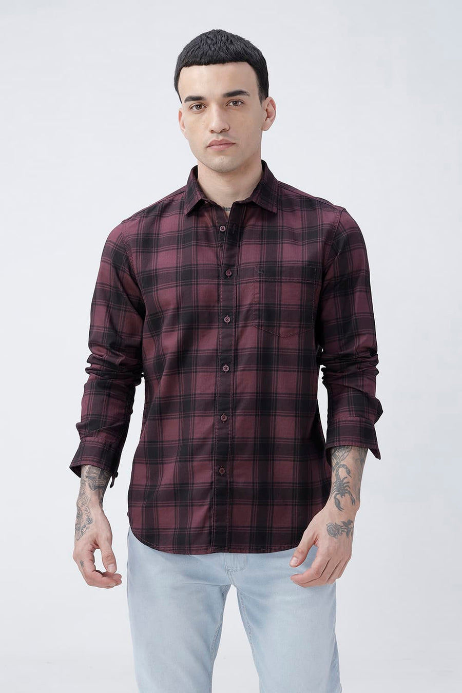 BASICS SLIM FIT BLACK COTTON HERRING BONE CHECKS SHIRT