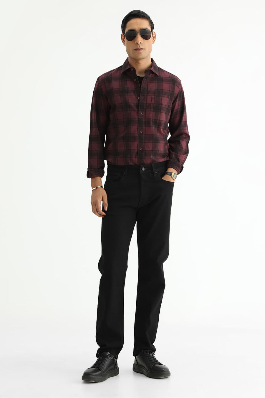 BASICS SLIM FIT BLACK COTTON HERRING BONE CHECKS SHIRT