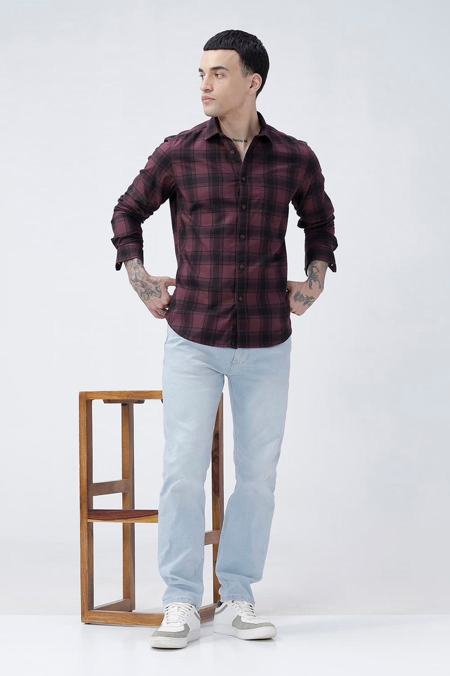 BASICS SLIM FIT BLACK COTTON HERRING BONE CHECKS SHIRT