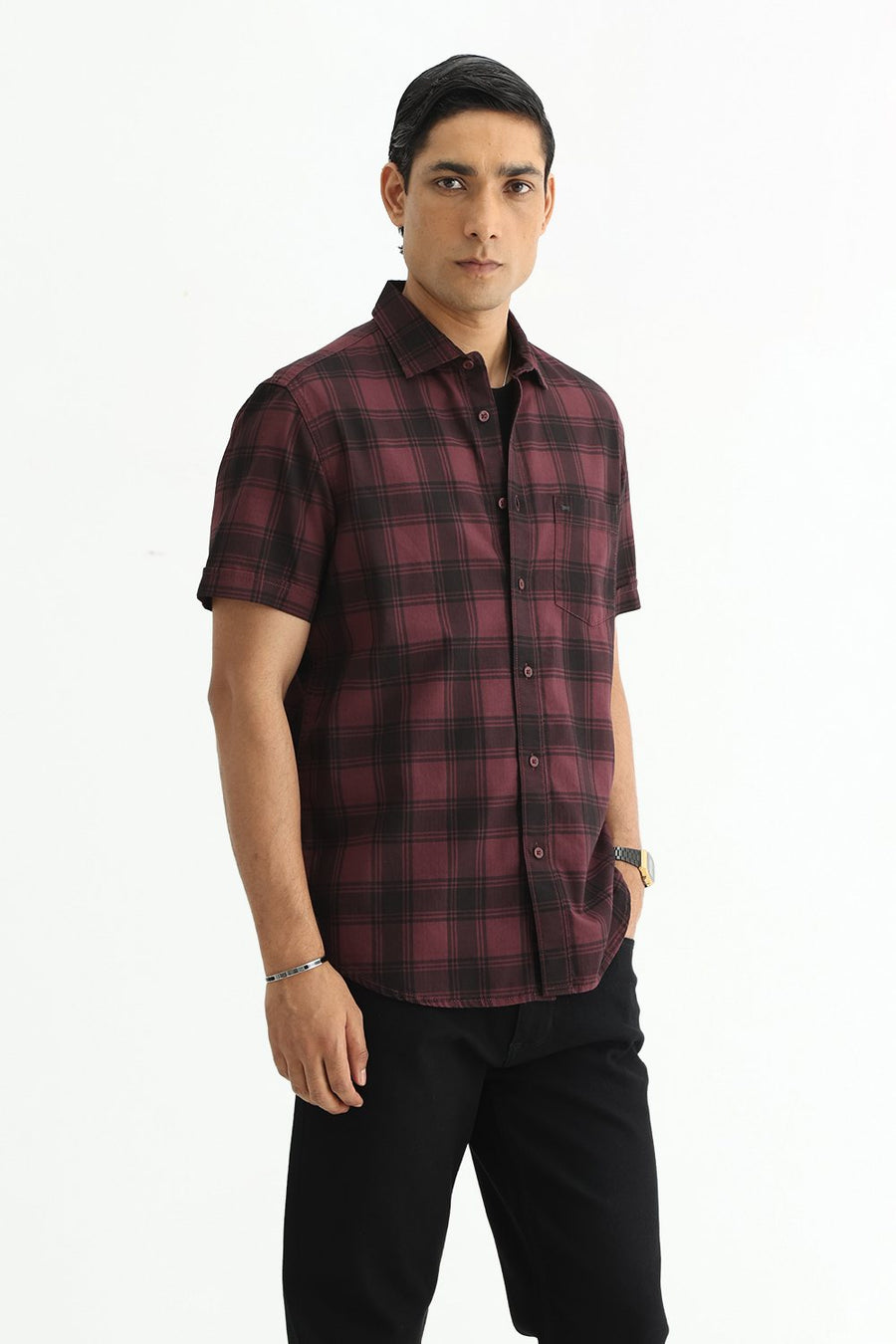 BASICS SLIM FIT BLACK COTTON HERRING BONE CHECKS SHIRT