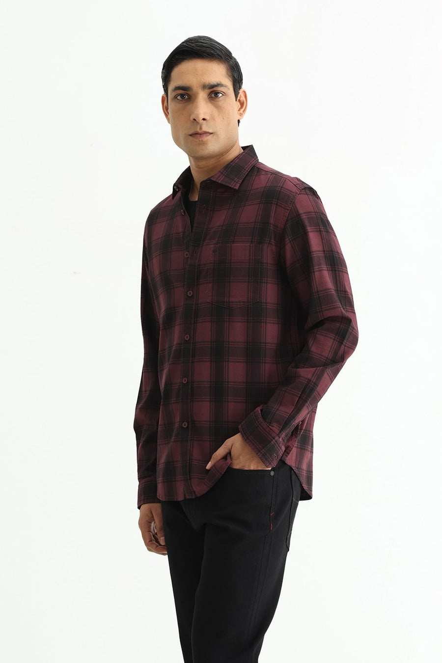BASICS SLIM FIT BLACK COTTON HERRING BONE CHECKS SHIRT