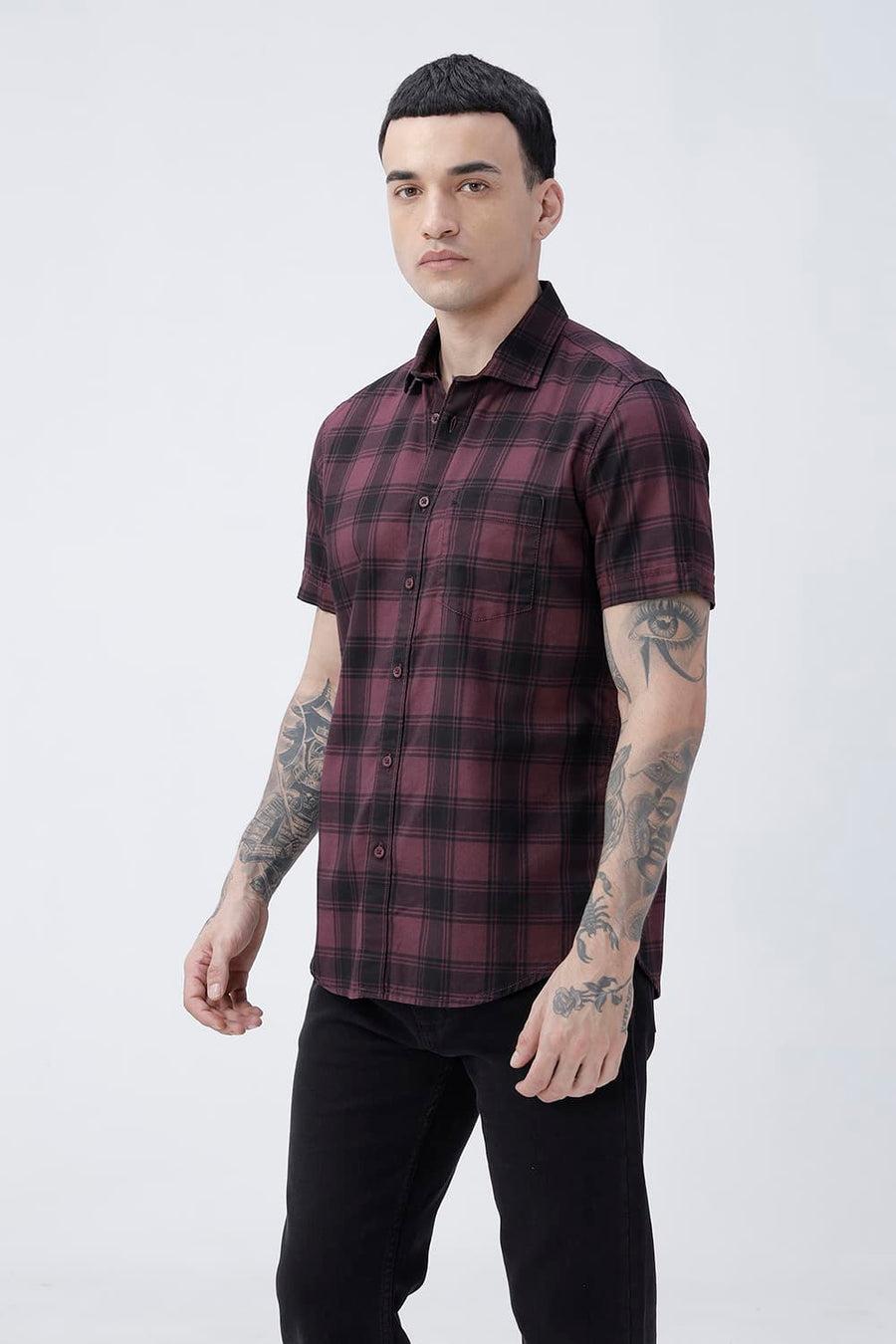 BASICS SLIM FIT BLACK COTTON HERRING BONE CHECKS HALFSLEEVES SHIRT