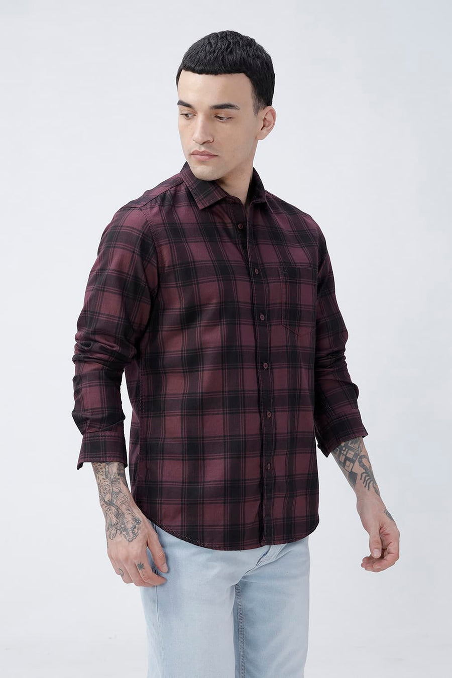 BASICS SLIM FIT BLACK COTTON HERRING BONE CHECKS SHIRT