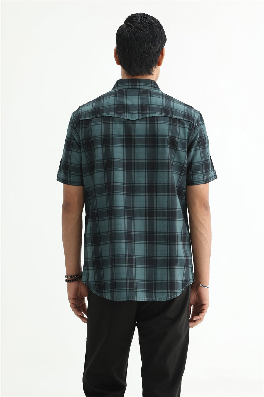 BASICS SLIM FIT BROWN COTTON HERRING BONE CHECKS HALFSLEEVES SHIRT