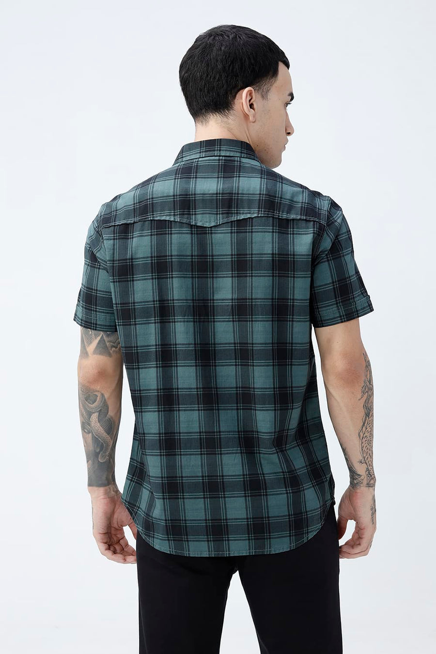 BASICS SLIM FIT BROWN COTTON HERRING BONE CHECKS HALFSLEEVES SHIRT