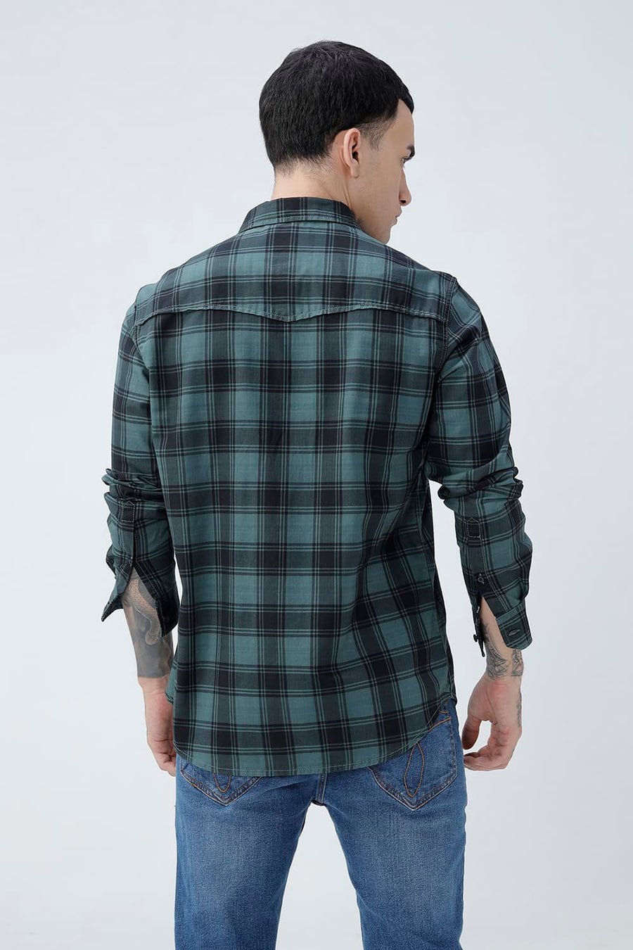 BASICS SLIM FIT BROWN COTTON HERRING BONE CHECKS SHIRT