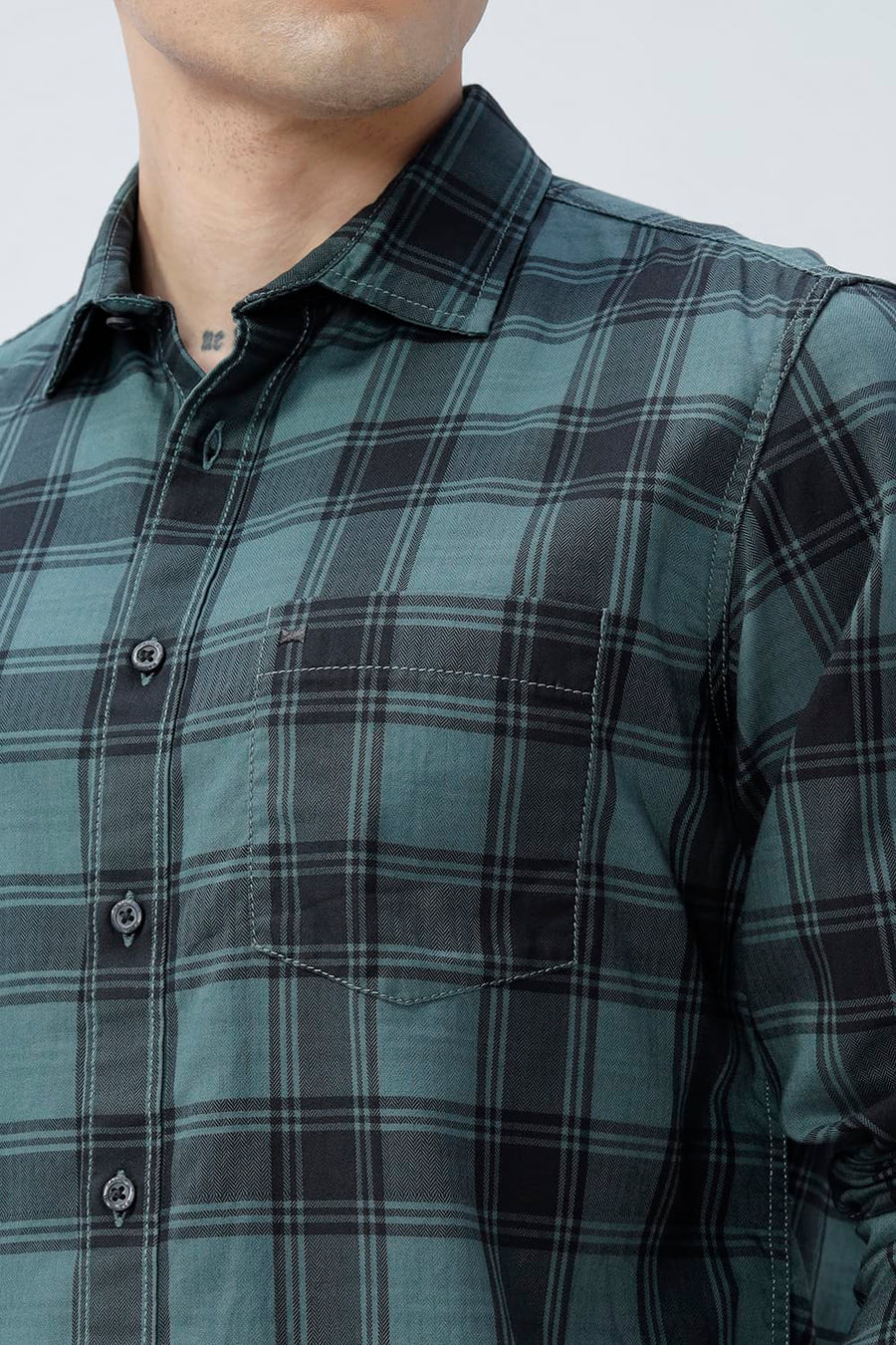 BASICS SLIM FIT BROWN COTTON HERRING BONE CHECKS SHIRT