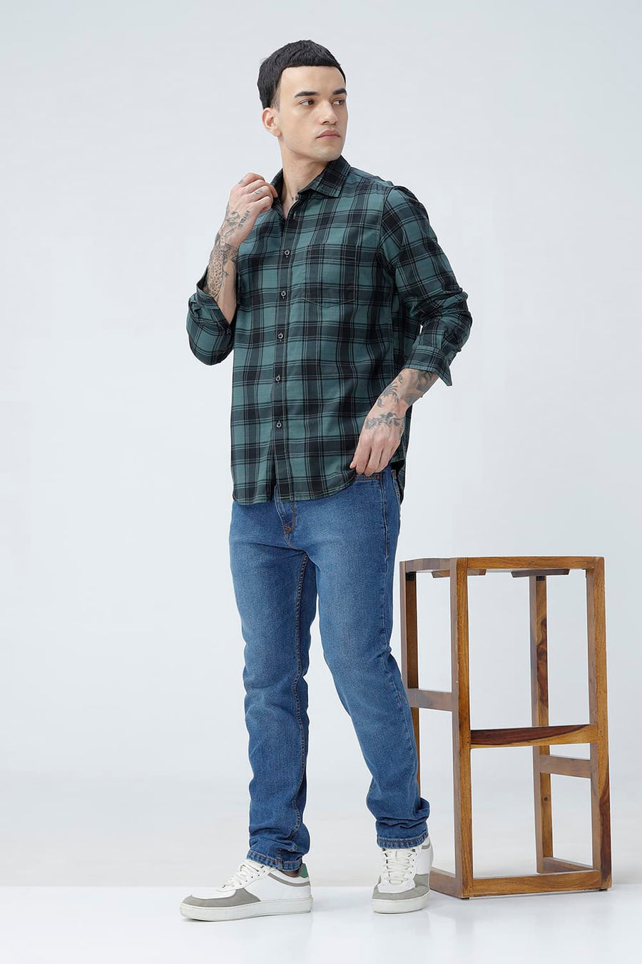 BASICS SLIM FIT BROWN COTTON HERRING BONE CHECKS SHIRT