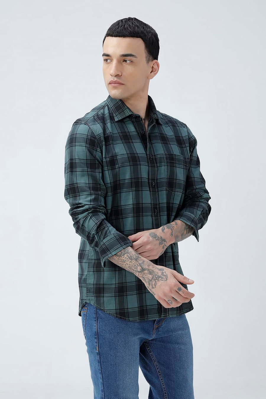 BASICS SLIM FIT BROWN COTTON HERRING BONE CHECKS SHIRT