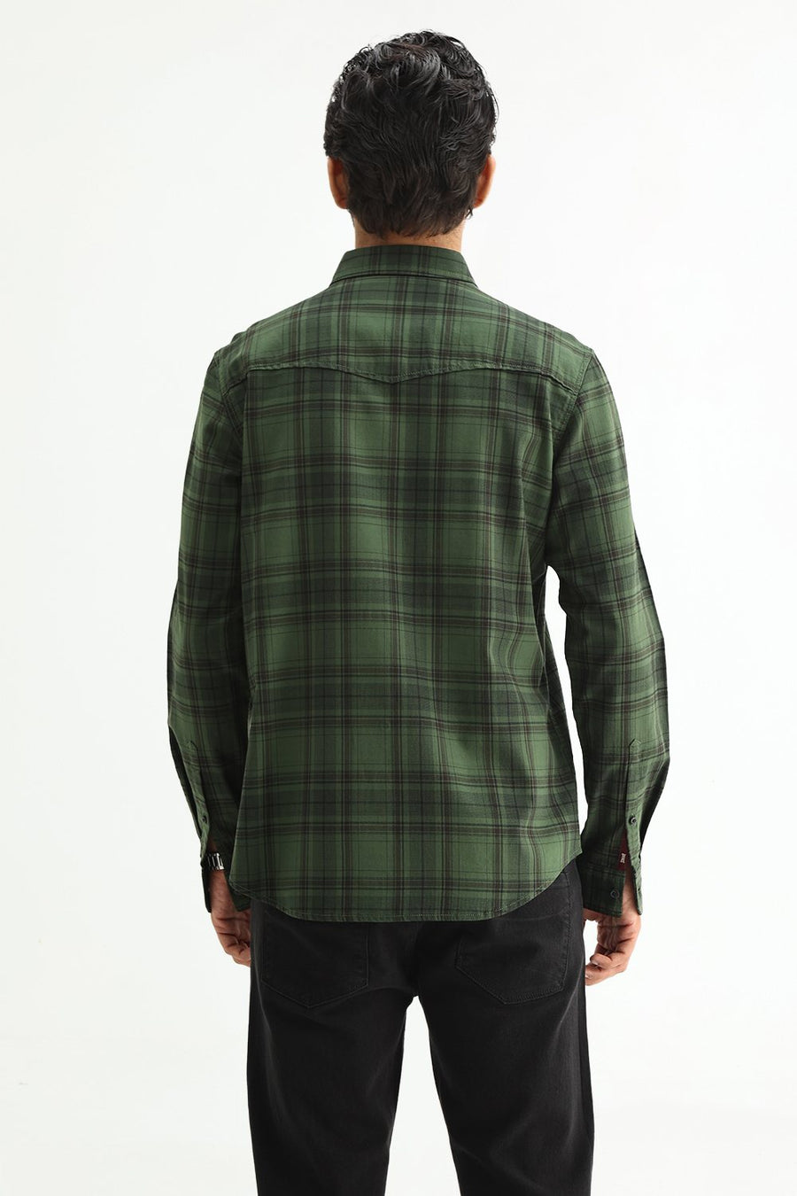 BASICS SLIM FIT TAN COTTON HERRING BONE CHECKS SHIRT