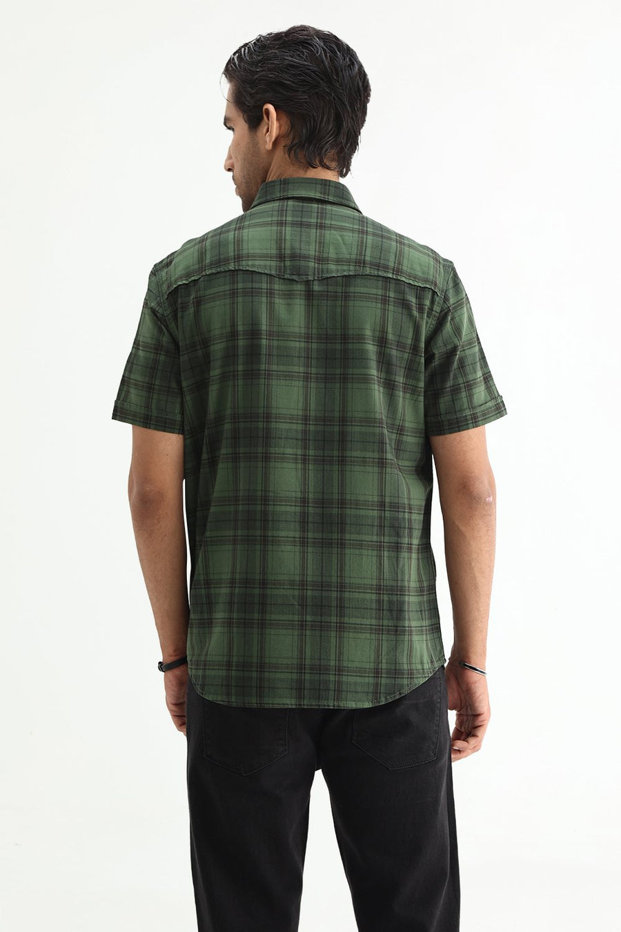 BASICS SLIM FIT TAN COTTON HERRING BONE CHECKS HALFSLEEVES SHIRT