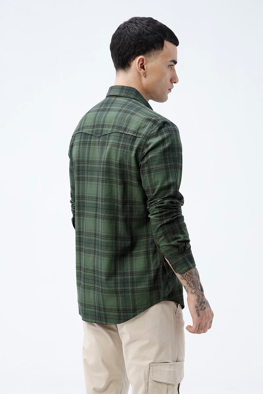 BASICS SLIM FIT TAN COTTON HERRING BONE CHECKS SHIRT