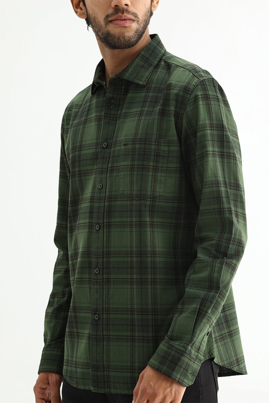 BASICS SLIM FIT TAN COTTON HERRING BONE CHECKS SHIRT
